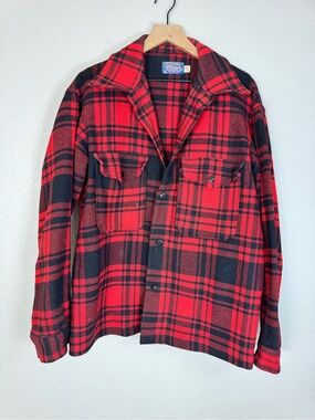 Pendleton Vintage 1970’s 70’s Red Black Buffalo Plaid Wool Shacket Jacket Med